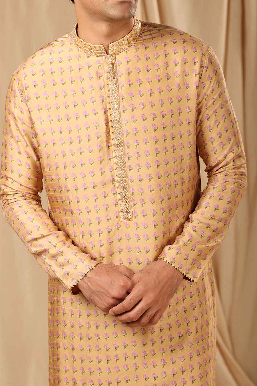 Oatmeal Wallflower Print Embroidered Kurta