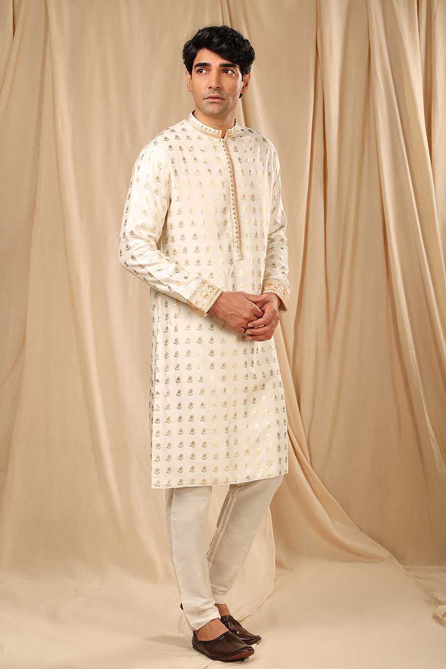 Ivory Wallflower Print Embroidered Kurta