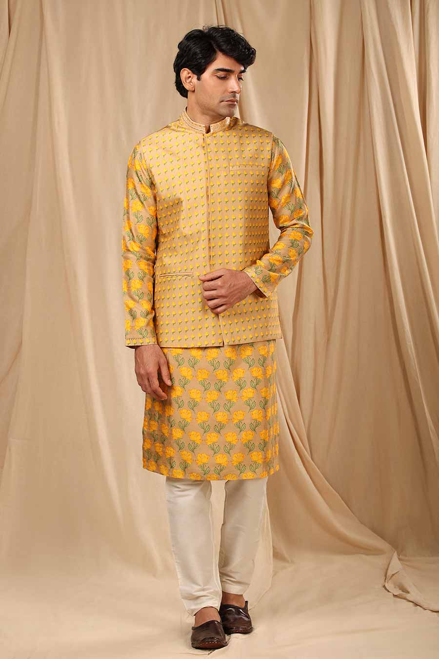 Beige Bloomingdale Kurta Set With Jacket