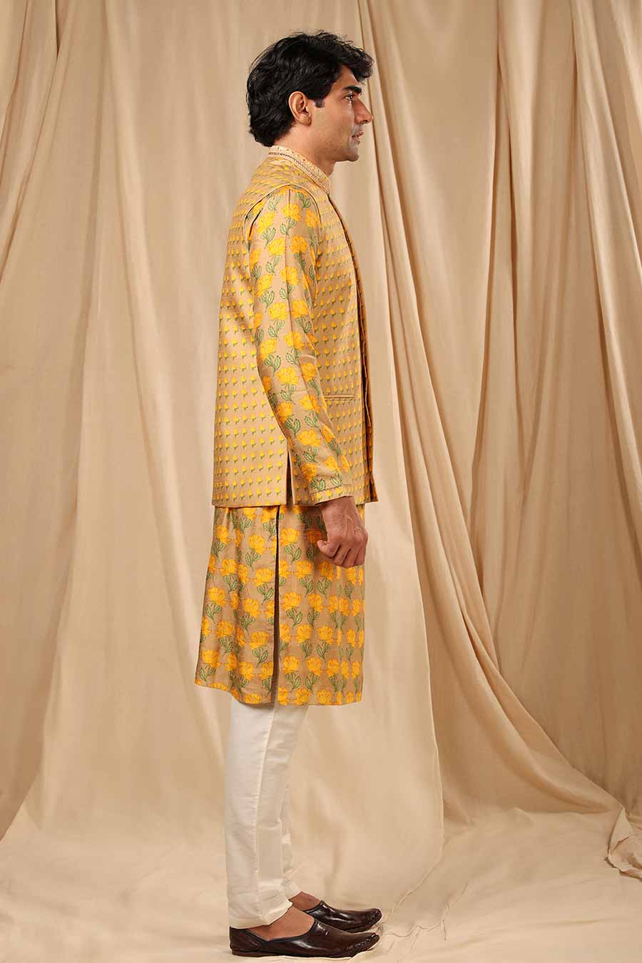 Beige Bloomingdale Kurta Set With Jacket