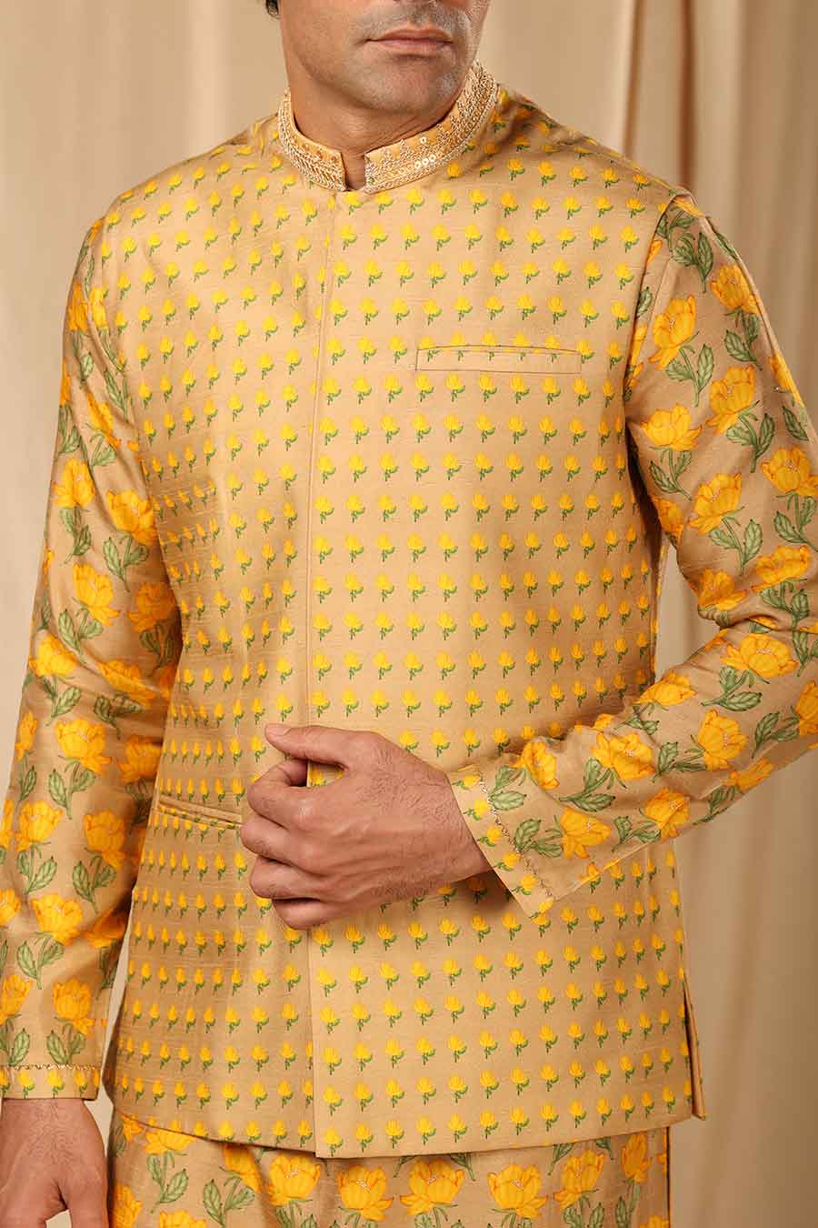 Beige Bloomingdale Kurta Set With Jacket