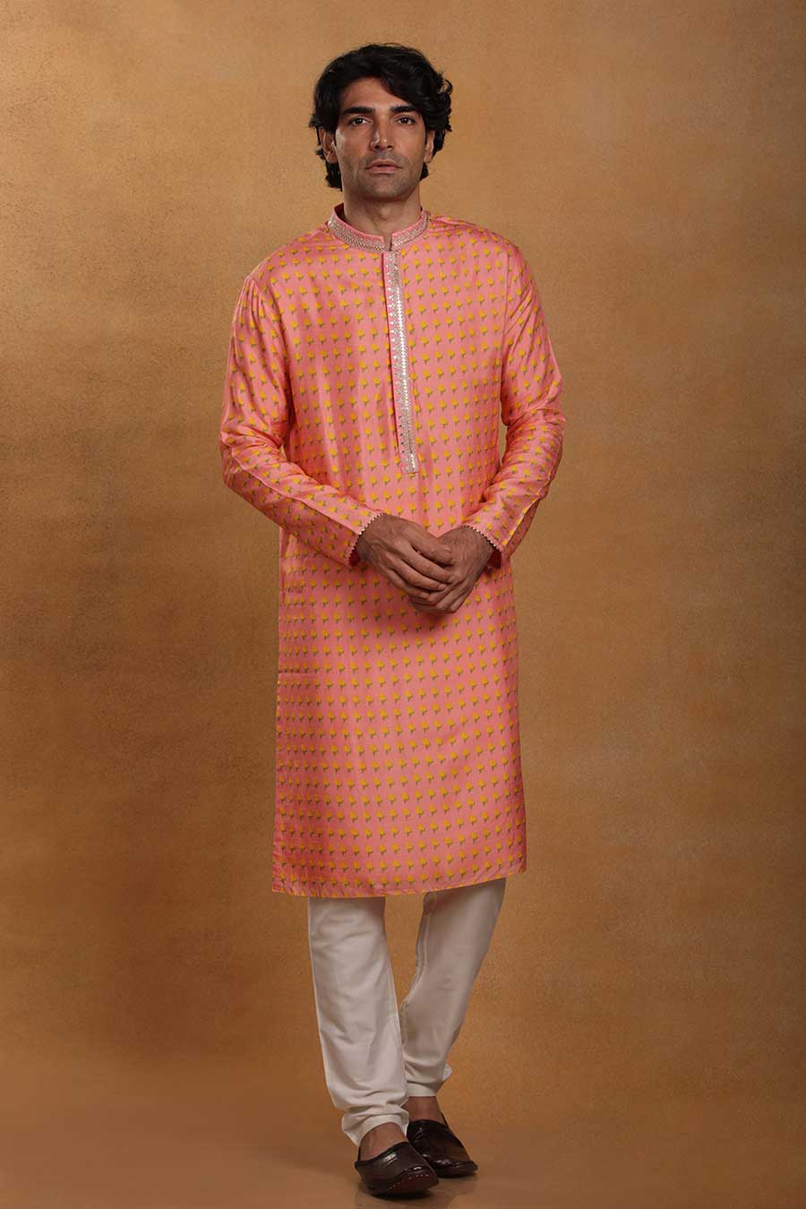 Rose Pink Wallflower Print Embroidered Kurta