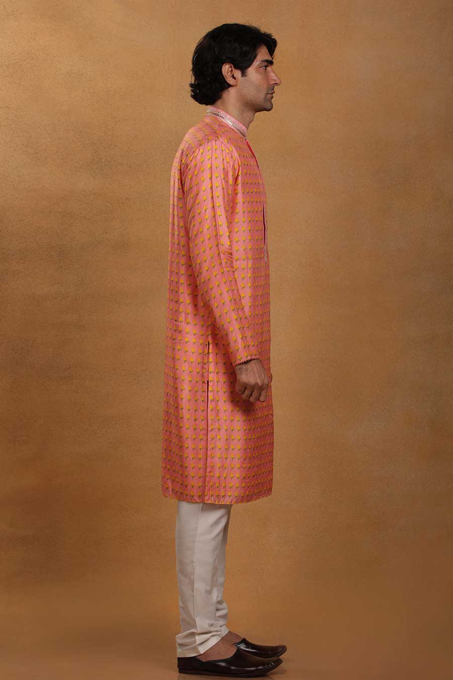 Rose Pink Wallflower Print Embroidered Kurta