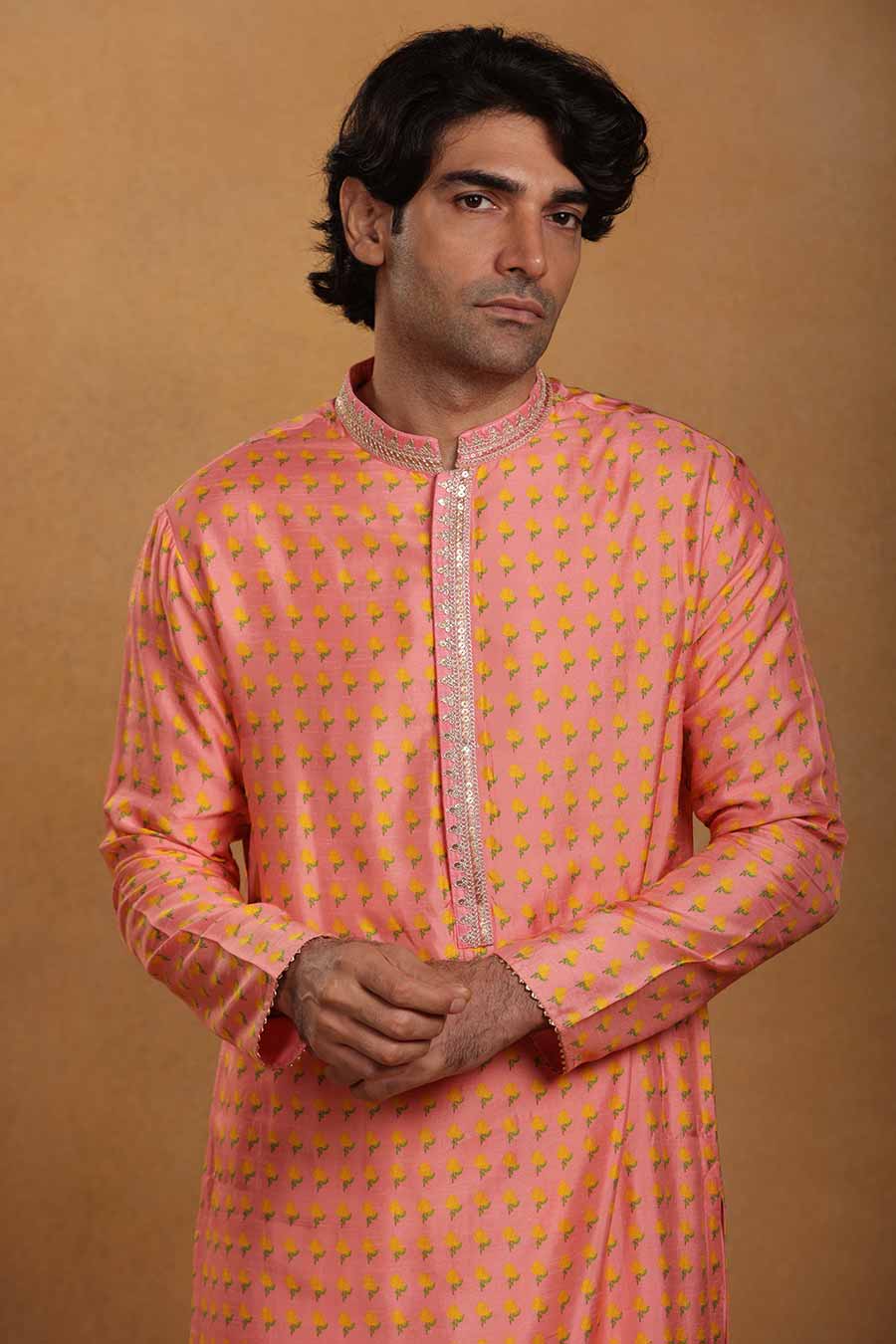 Rose Pink Wallflower Print Embroidered Kurta