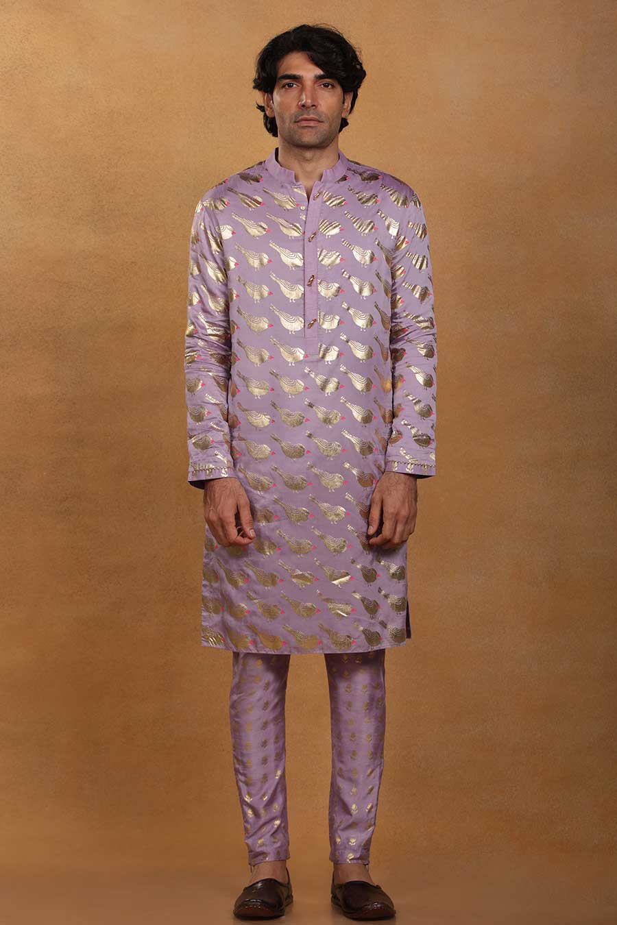 Lilac Lovebird Print Kurta Set With Stole