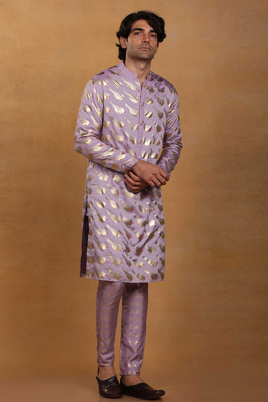 Lilac Lovebird Print Kurta Set With Stole