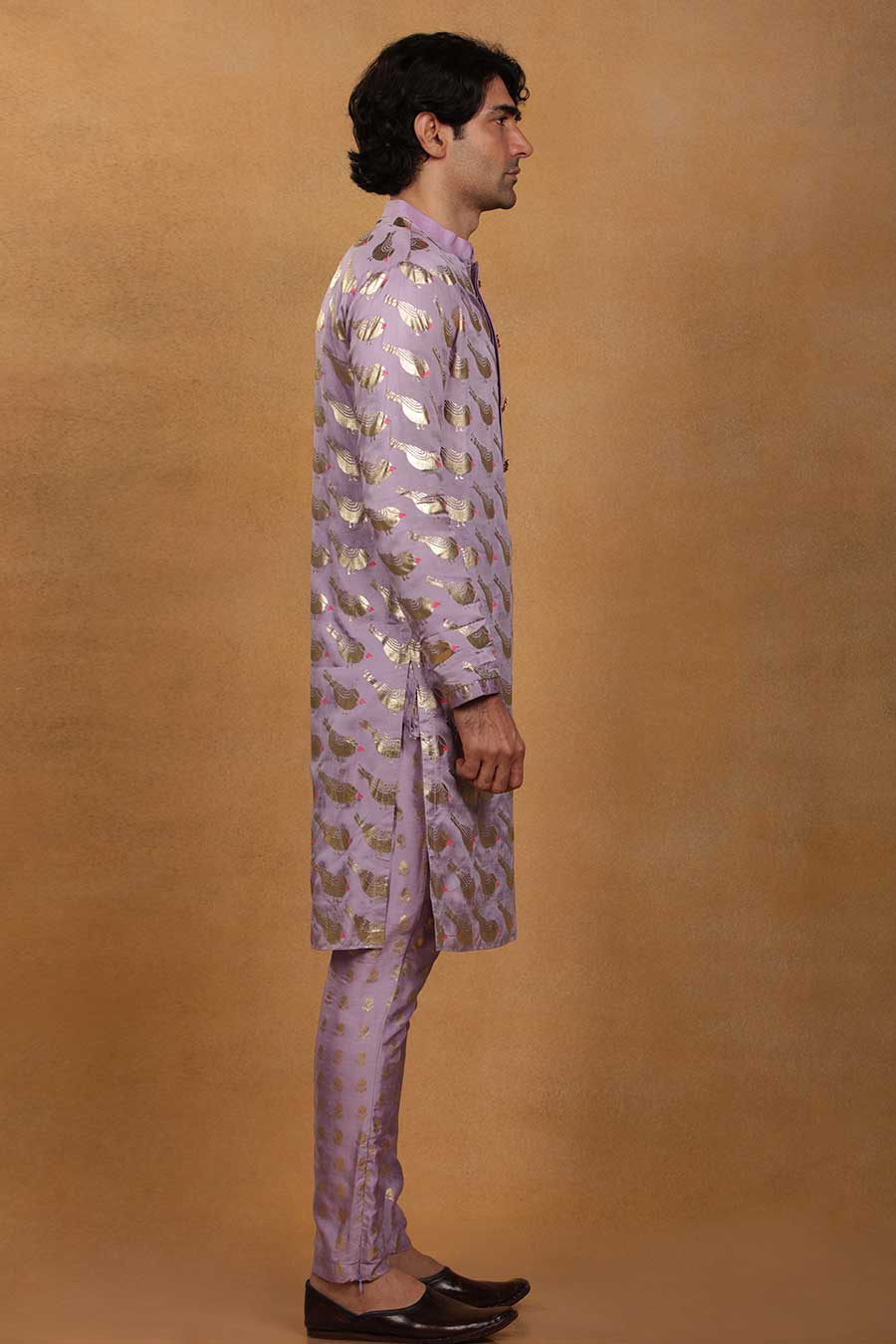Lilac Lovebird Print Kurta Set With Stole