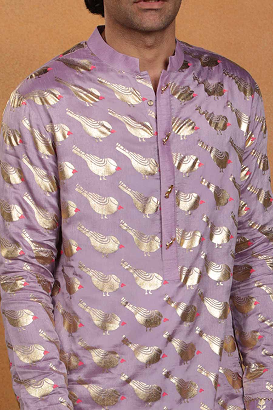 Lilac Lovebird Print Kurta Set With Stole