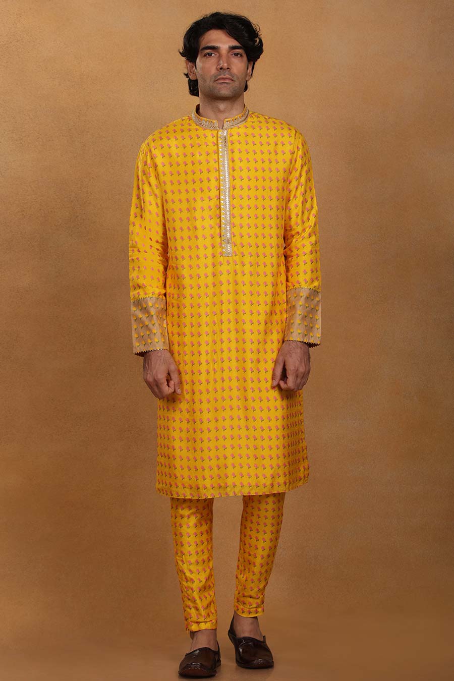 Yellow Wallflower Print Kurta Set With Stole