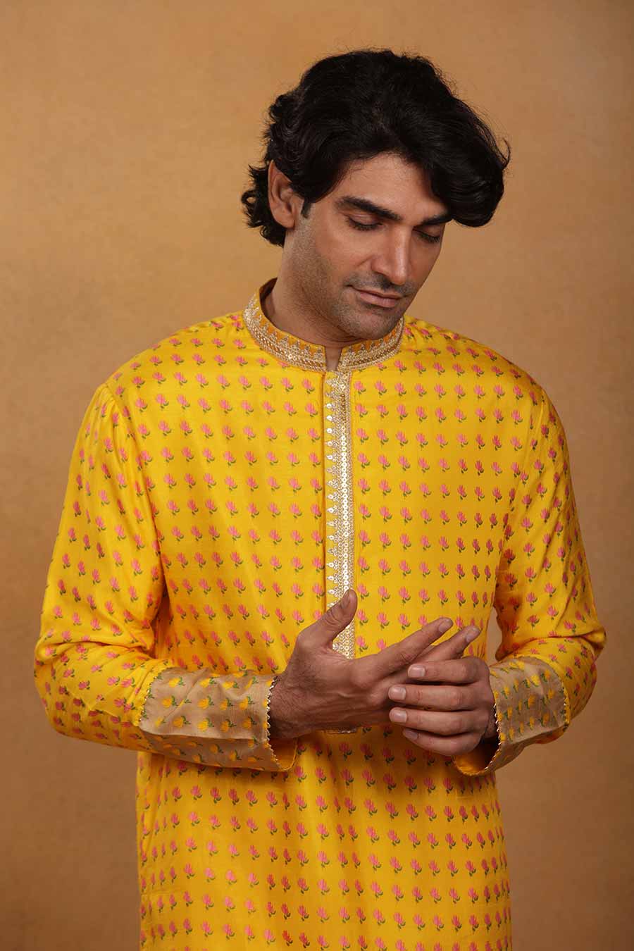 Yellow Wallflower Print Kurta Set With Stole
