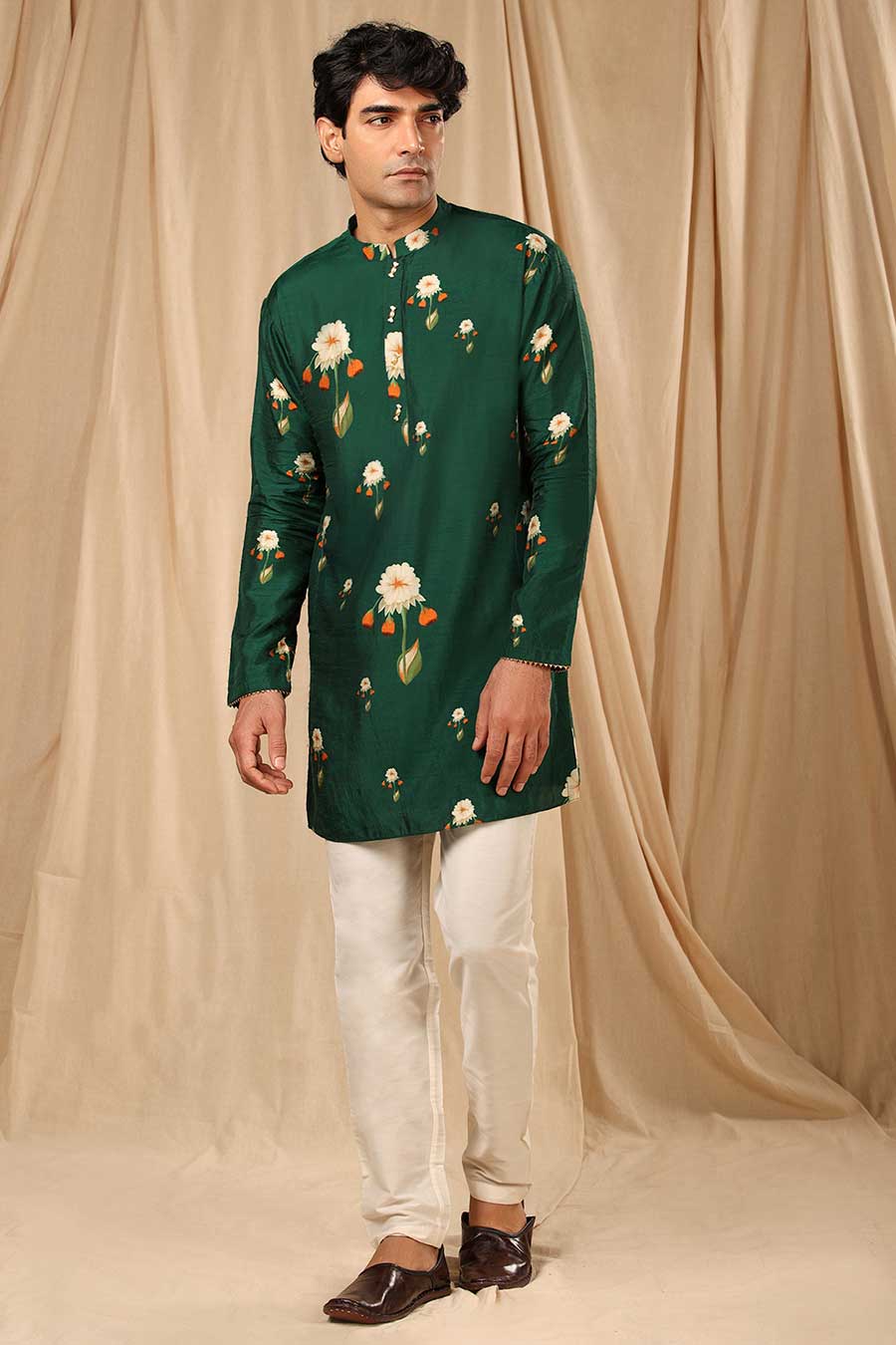 Bottle Green Buttercup Print Embroidered Kurta