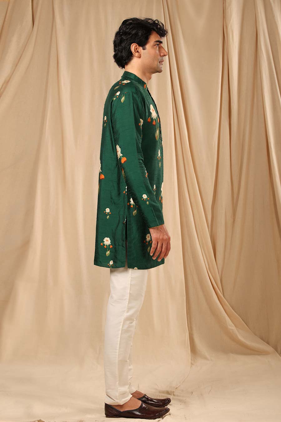 Bottle Green Buttercup Print Embroidered Kurta