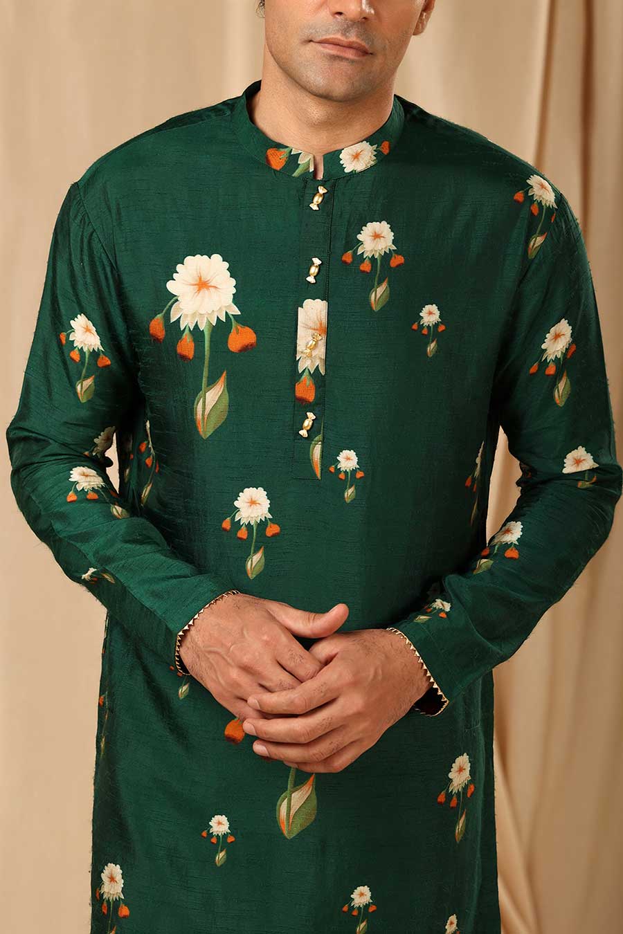 Bottle Green Buttercup Print Embroidered Kurta