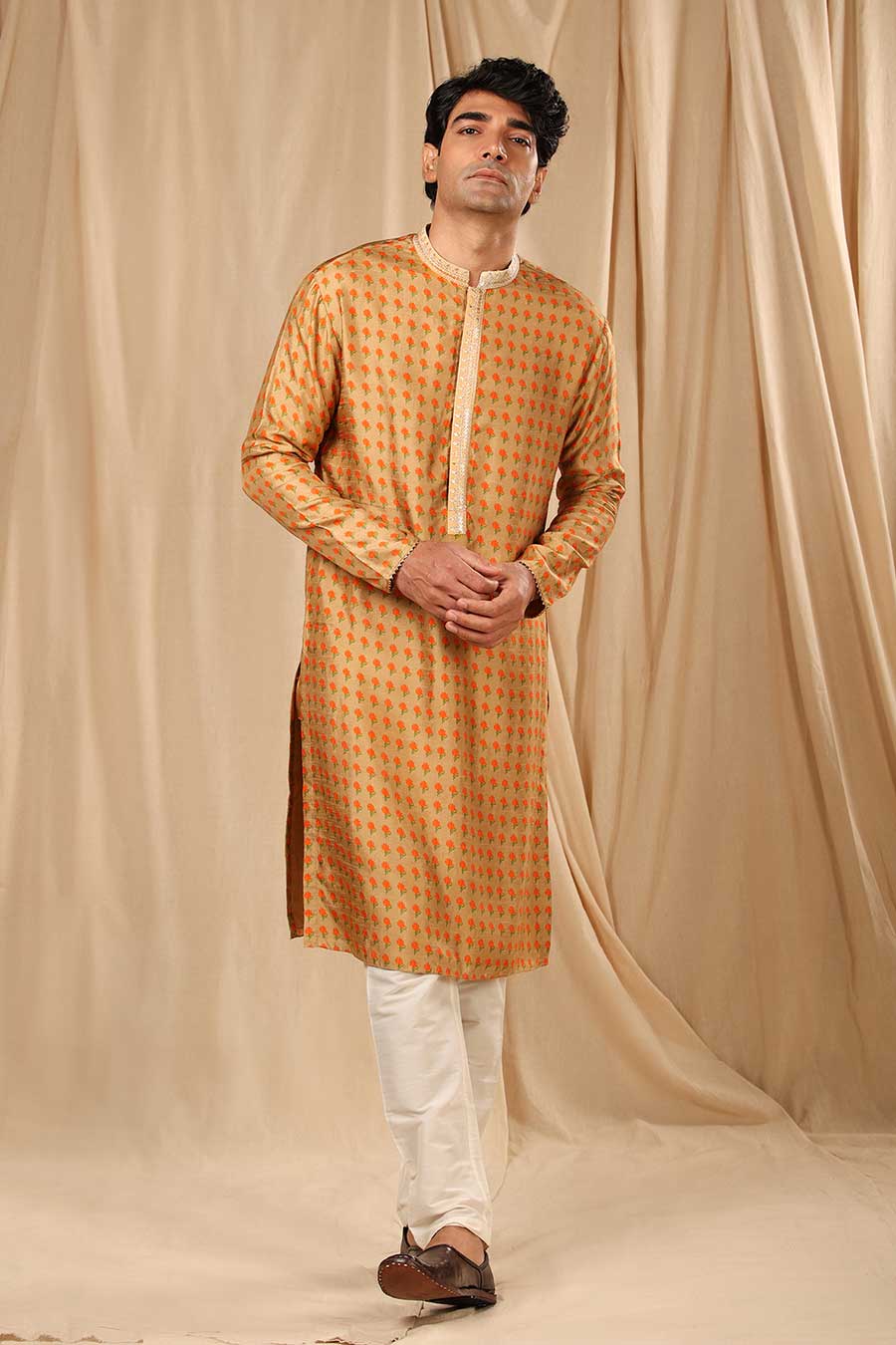 Rust Beige Wallflower Print Embroidered Kurta