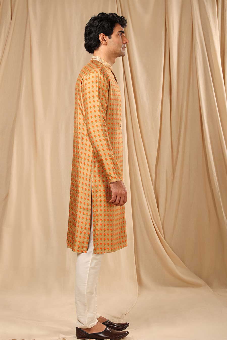 Rust Beige Wallflower Print Embroidered Kurta