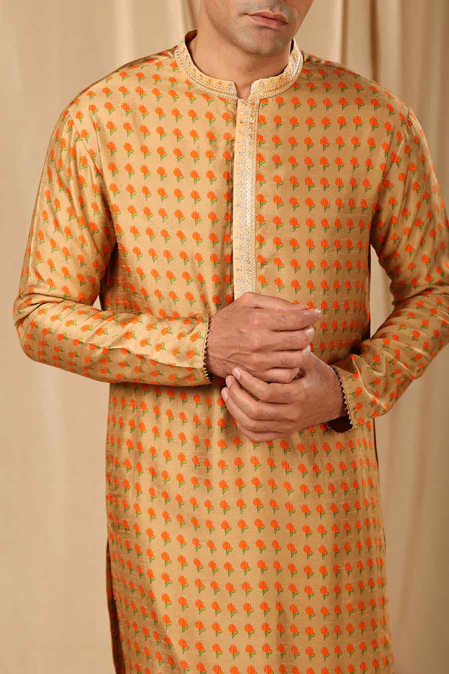 Rust Beige Wallflower Print Embroidered Kurta