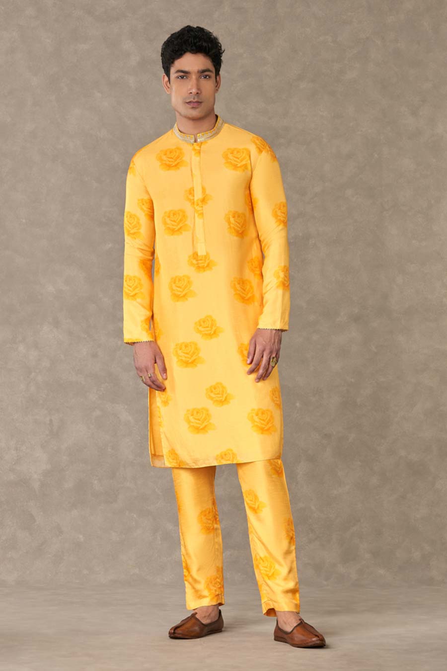 Yellow Gulaab Print Embroidered Kurta Set