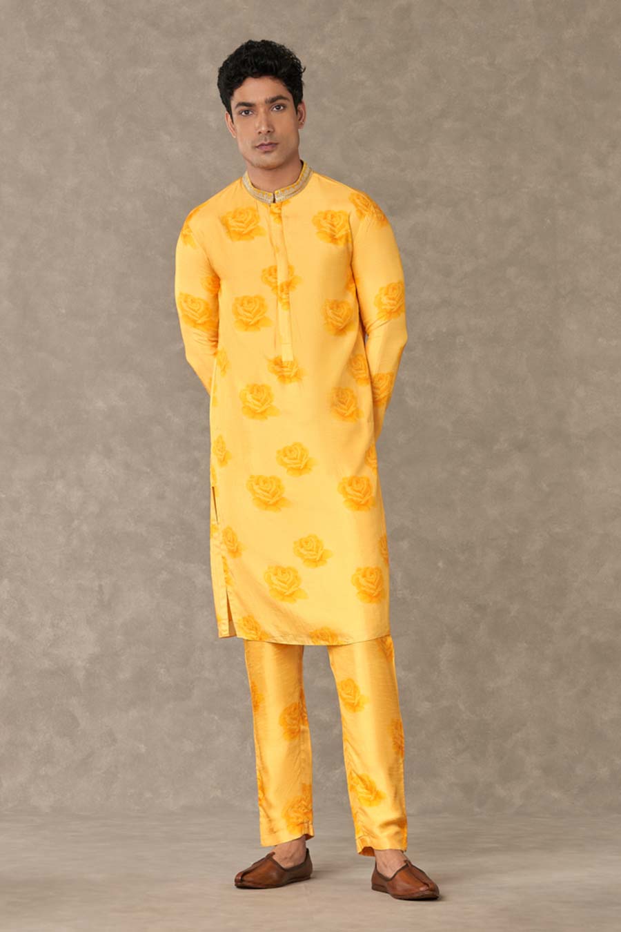 Yellow Gulaab Print Embroidered Kurta Set