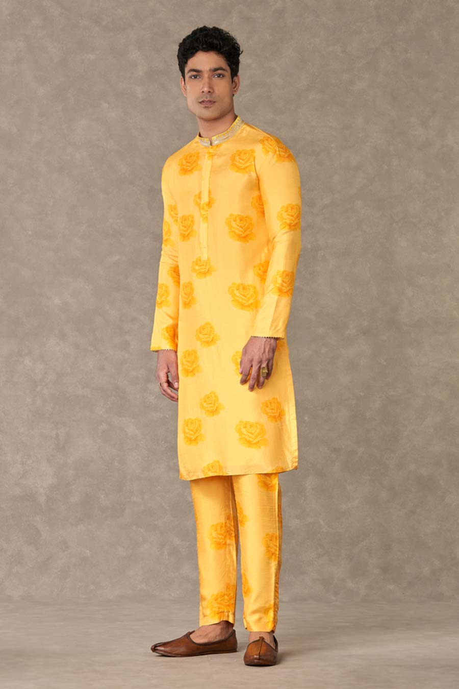 Yellow Gulaab Print Embroidered Kurta Set