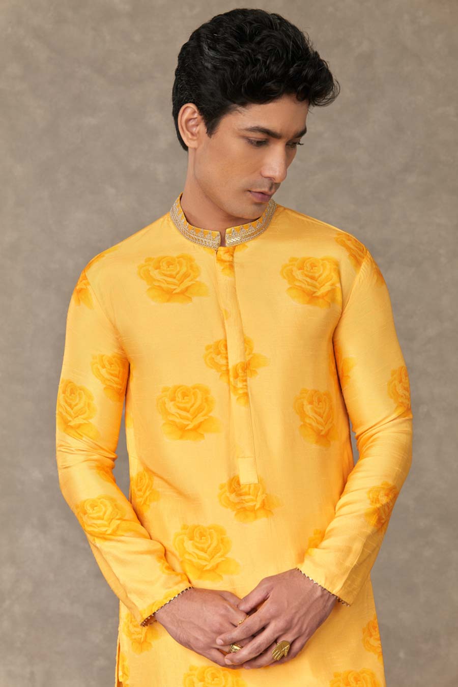 Yellow Gulaab Print Embroidered Kurta Set