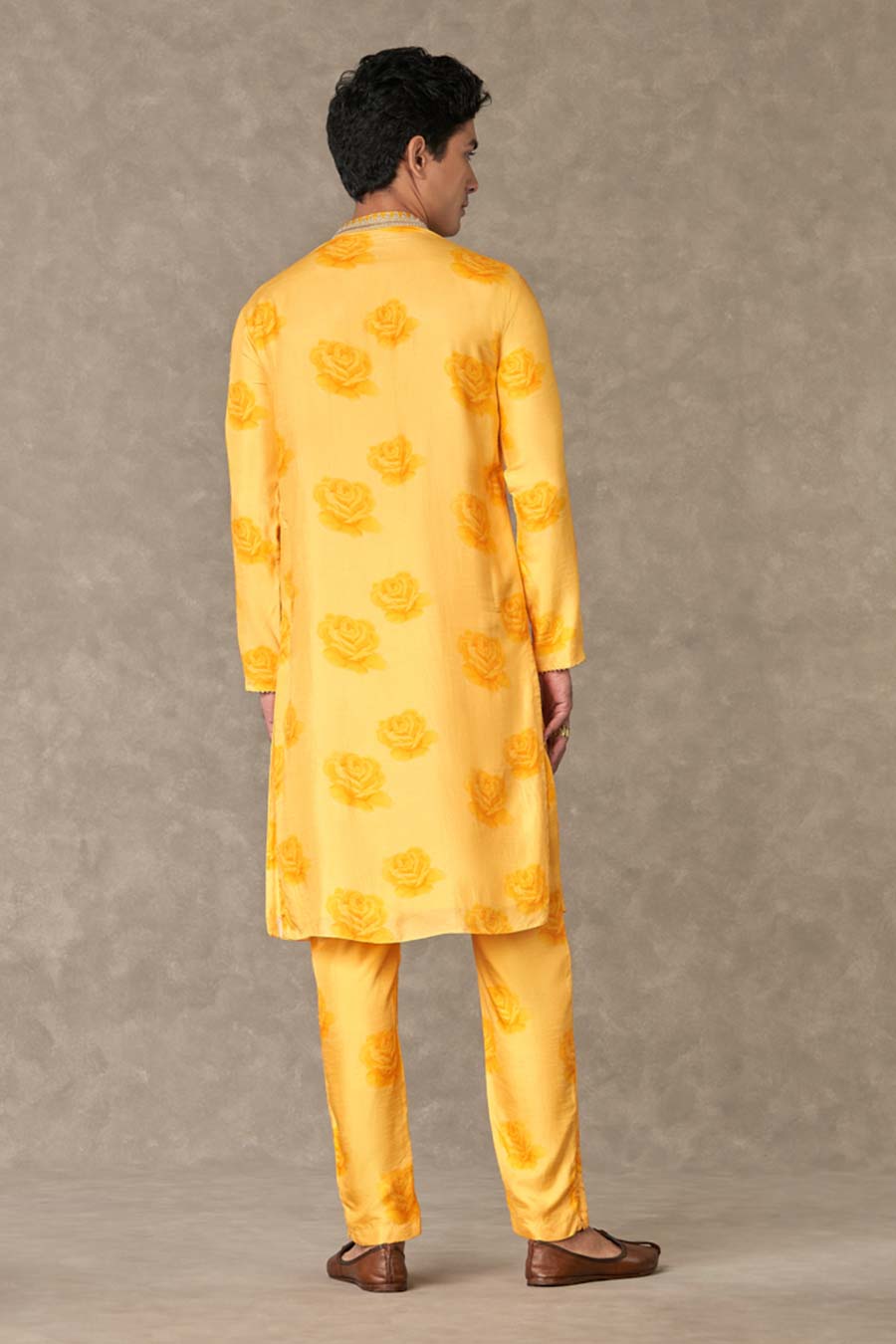 Yellow Gulaab Print Embroidered Kurta