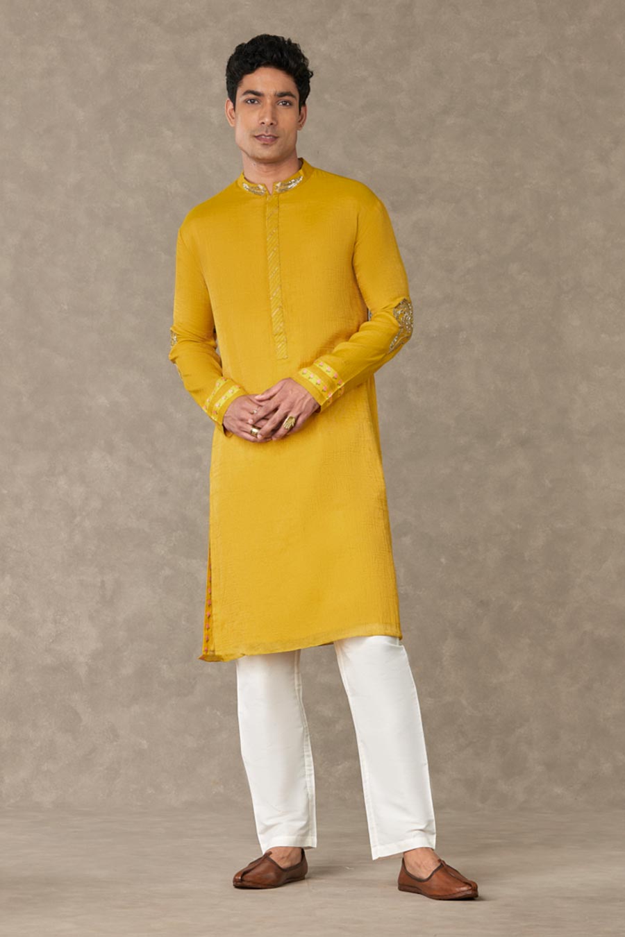 Corn Yellow Shajara Embroidered Kurta