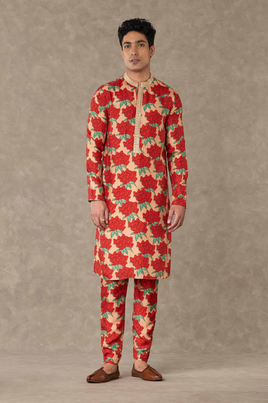 Salmon Candy Swirl Print Embroidered Kurta