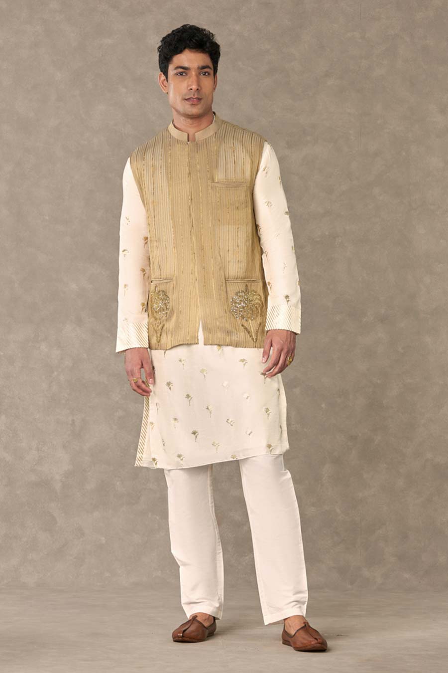 Ivory Wine Garden Print Embroidered Kurta Set with Jacket