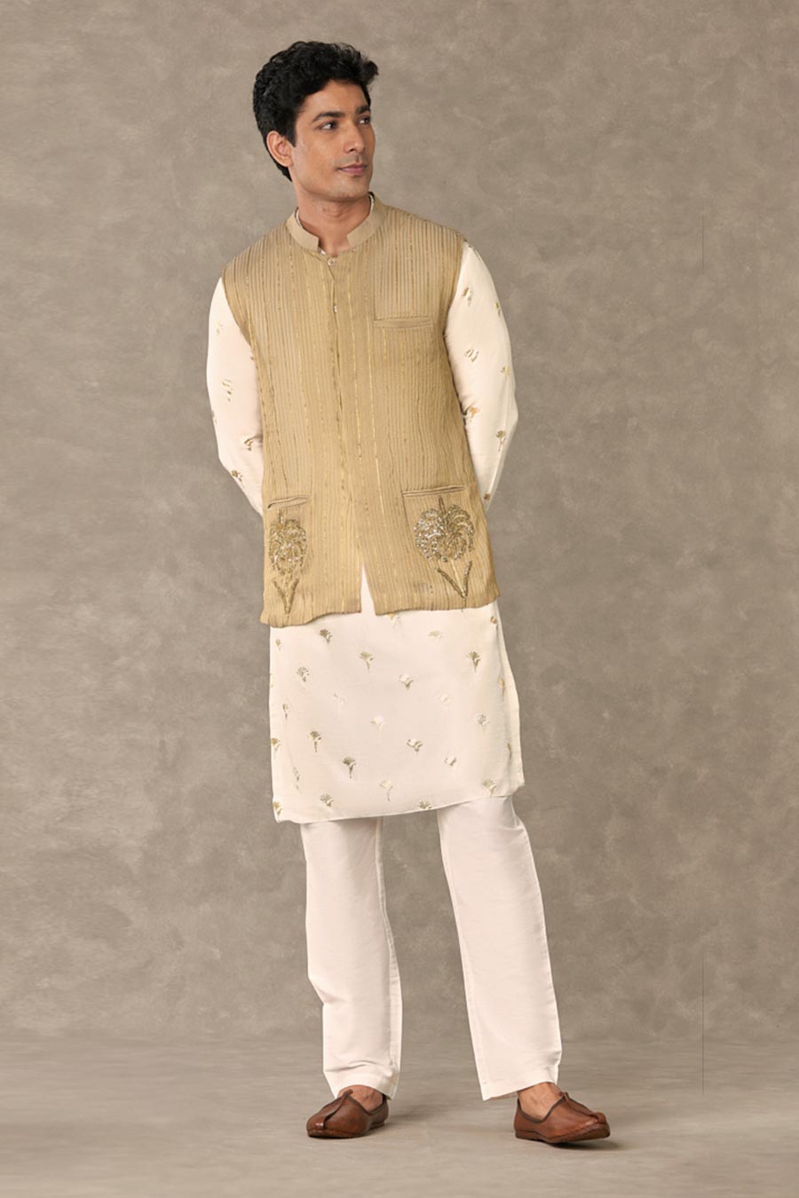 Ivory Wine Garden Print Embroidered Kurta Set with Jacket