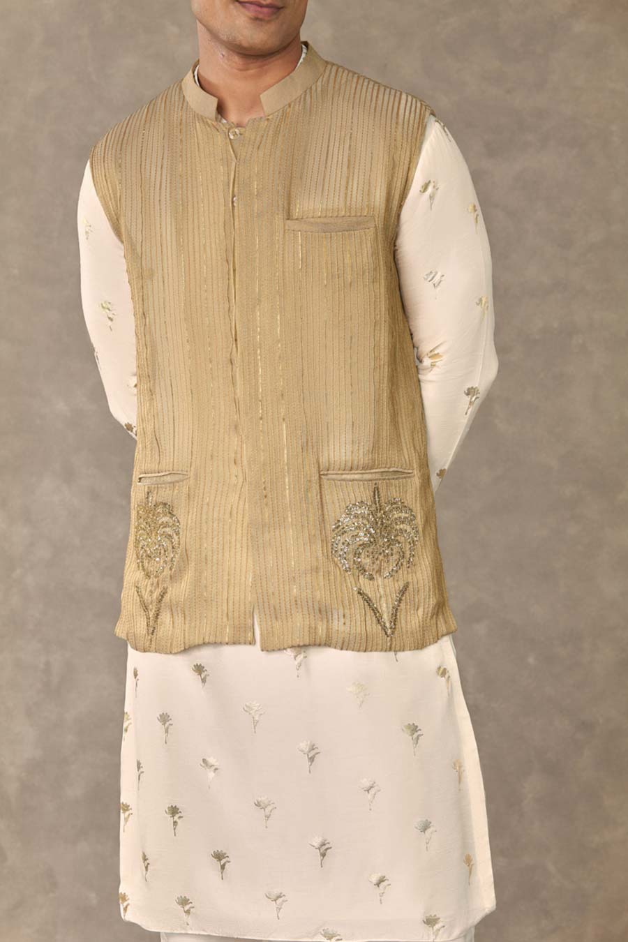 Ivory Wine Garden Print Embroidered Kurta Set with Jacket