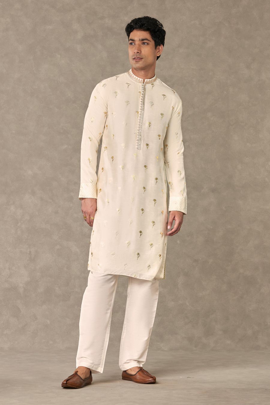 Ivory Wine Garden Print Embroidered Kurta