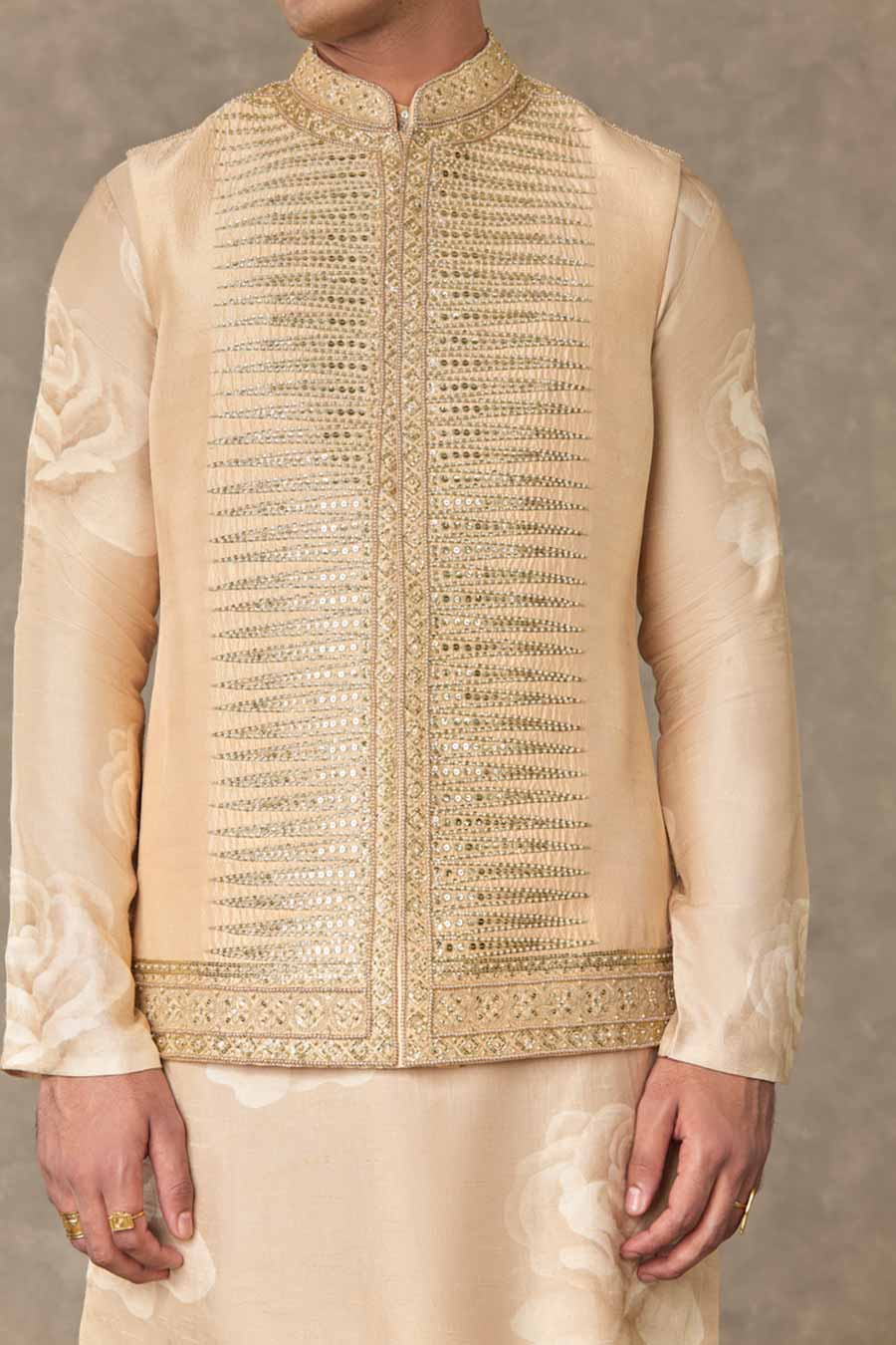 Beige Trikone Print Embroidered Kurta Set with Jacket