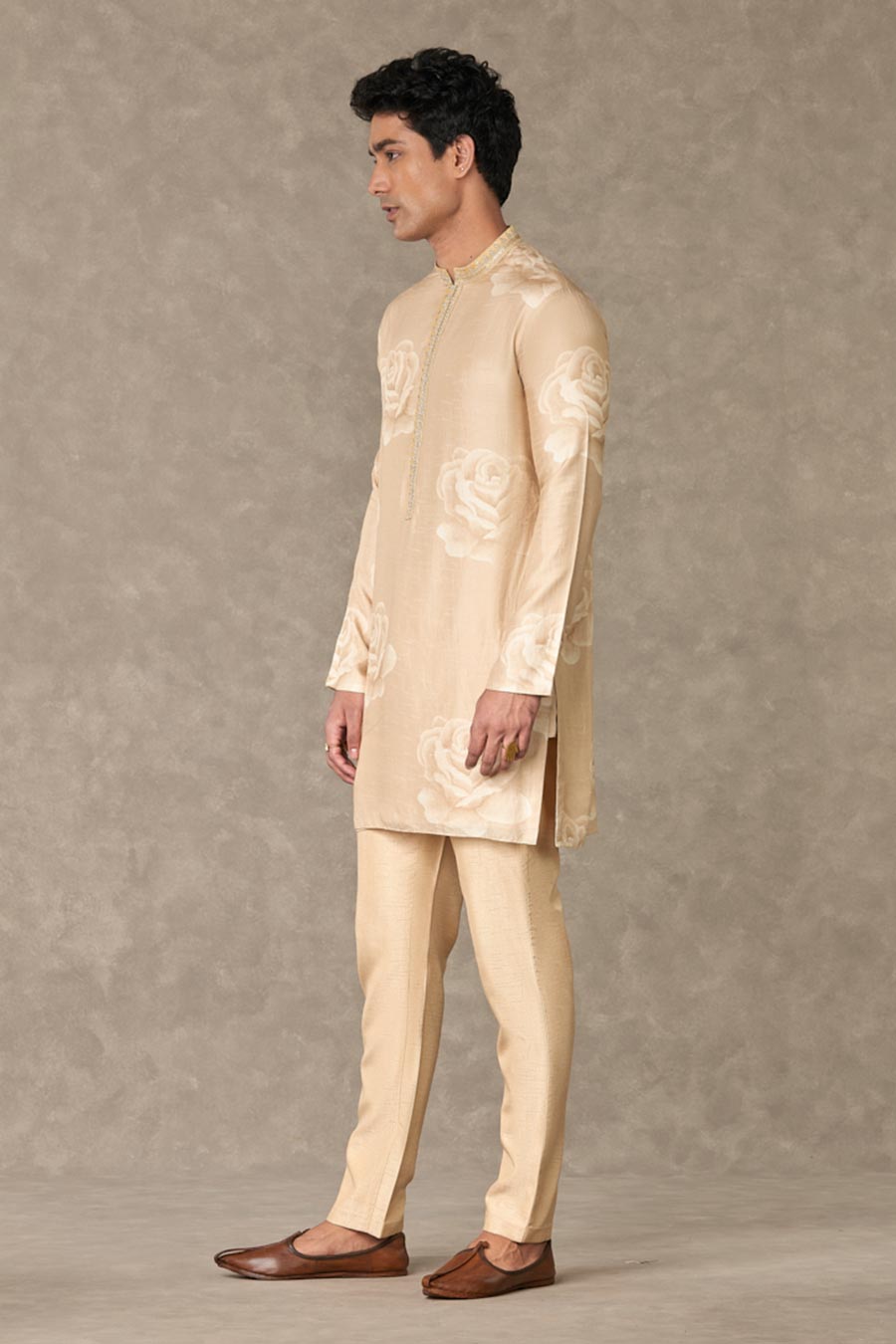 Beige Gulaab Print Embroidered Kurta Set