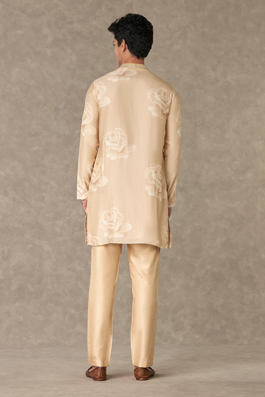 Beige Gulaab Print Embroidered Kurta