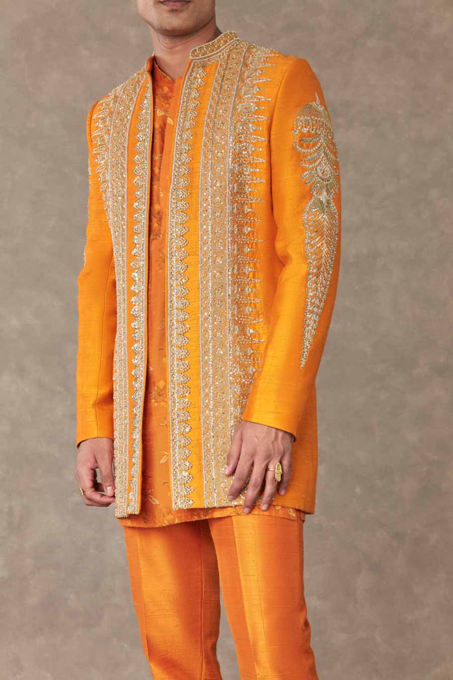 Rust Narangi Print Embroidered Kurta Set with Jacket