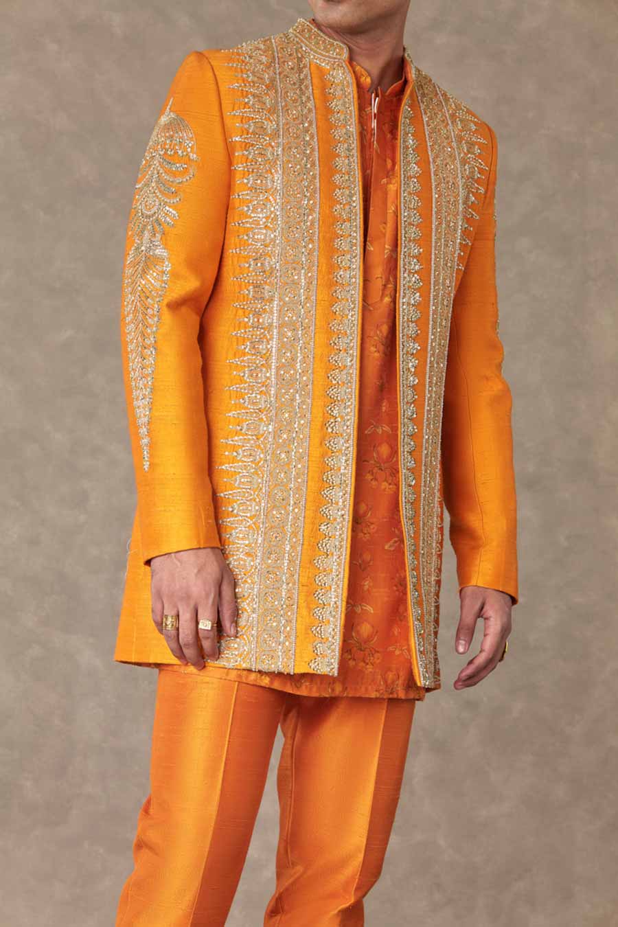 Rust Narangi Print Embroidered Kurta Set with Jacket