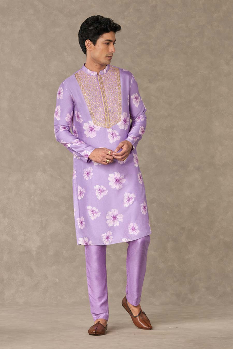 Lilac Parijat Print Embroidered Kurta Set