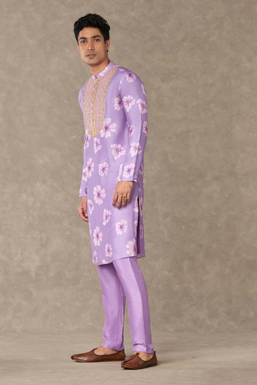 Lilac Parijat Print Embroidered Kurta Set