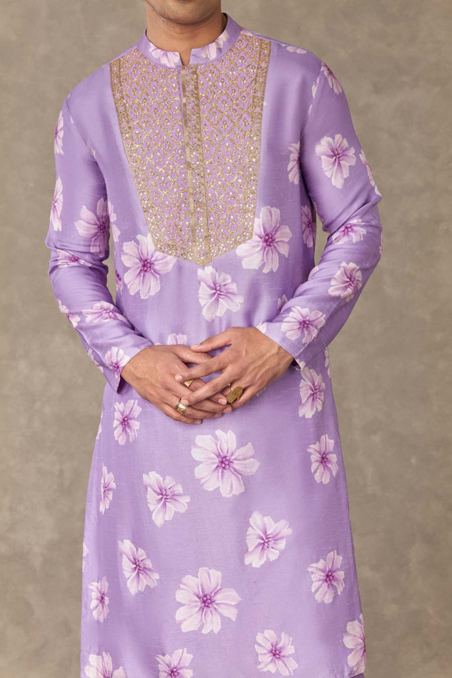 Lilac Parijat Print Embroidered Kurta Set
