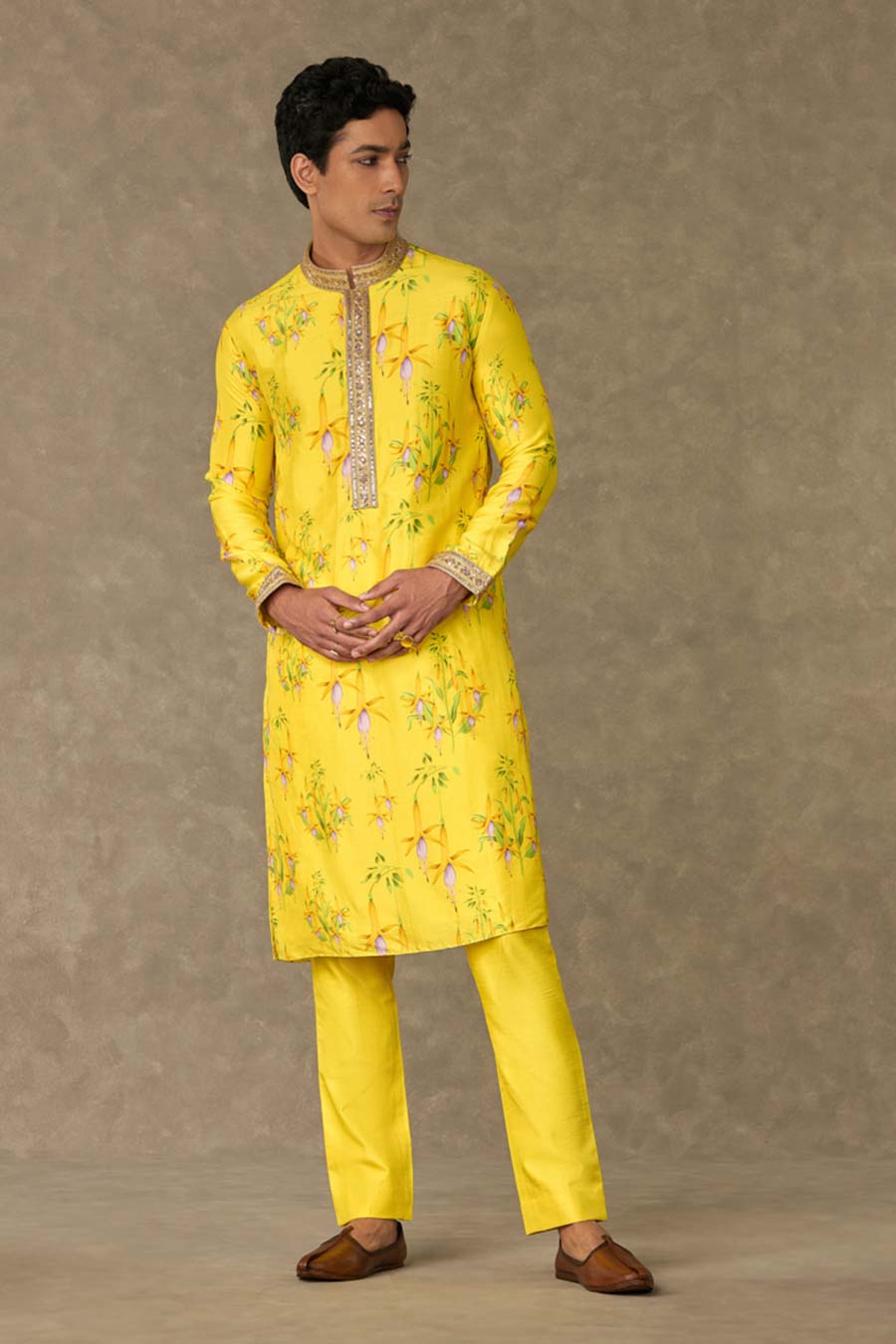 Lemon Yellow Juhi Print Embroidered Kurta Set