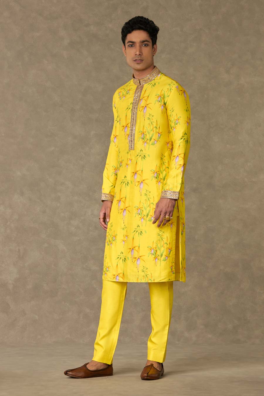 Lemon Yellow Juhi Print Embroidered Kurta