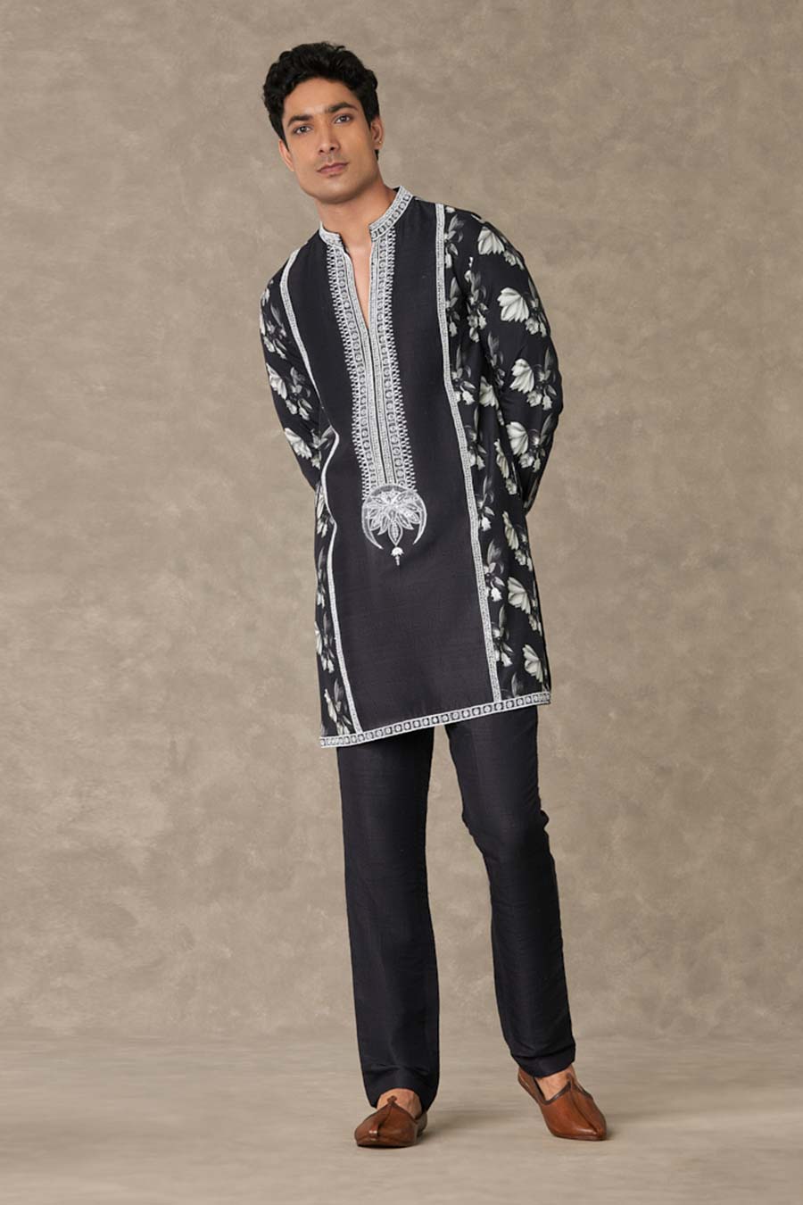 Black Chaand Print Embroidered Kurta Set