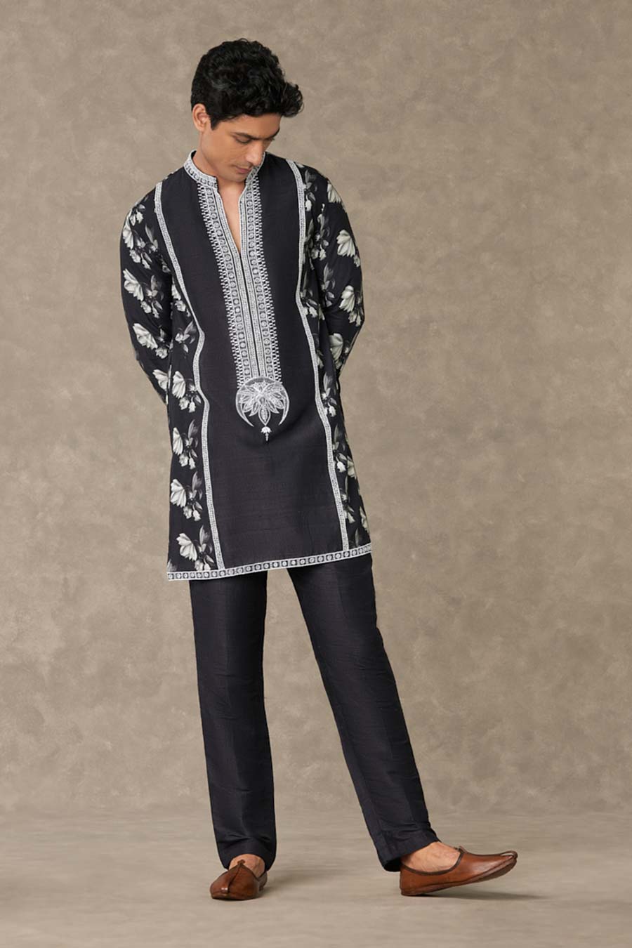 Black Chaand Print Embroidered Kurta Set