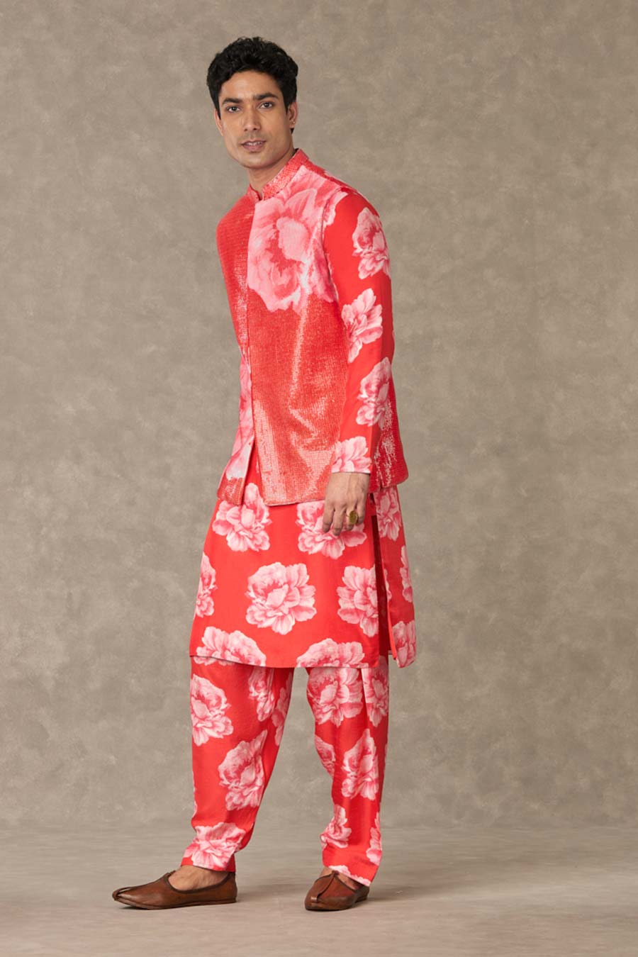 Red Nurvi Print Sitara Kurta Set with Jacket