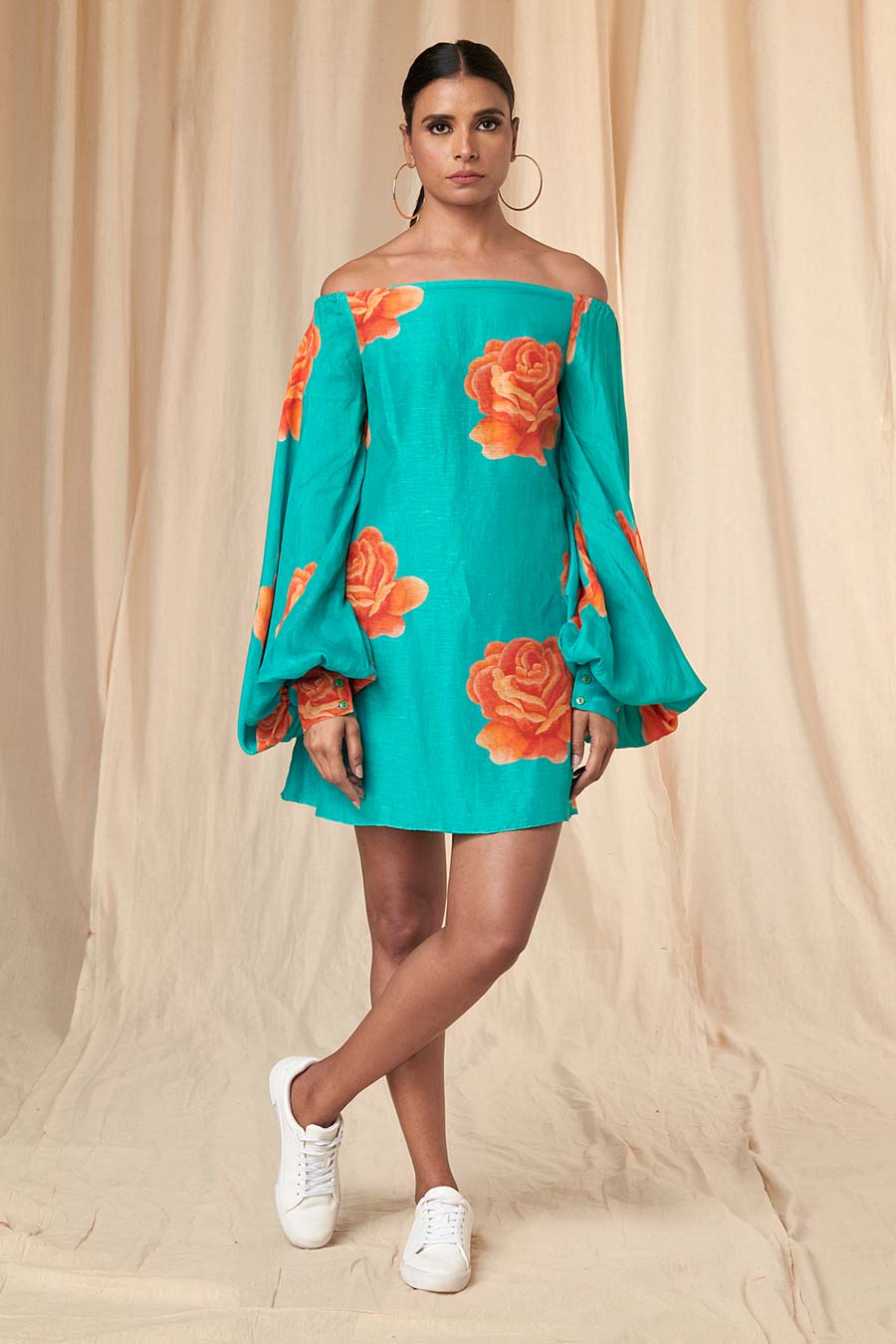 Teal Rosy Off-Shoulder Short Dress