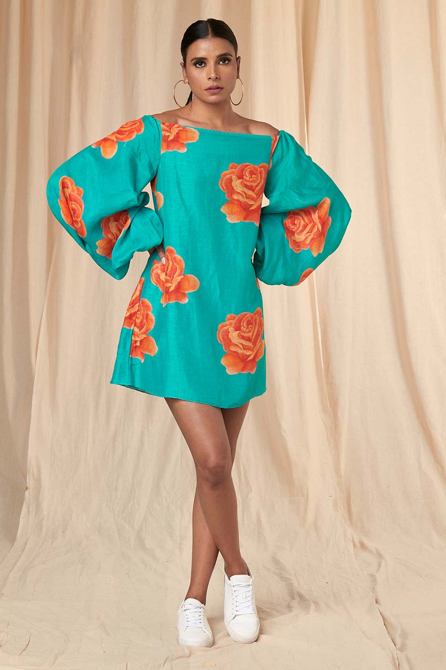 Teal Rosy Off-Shoulder Short Dress