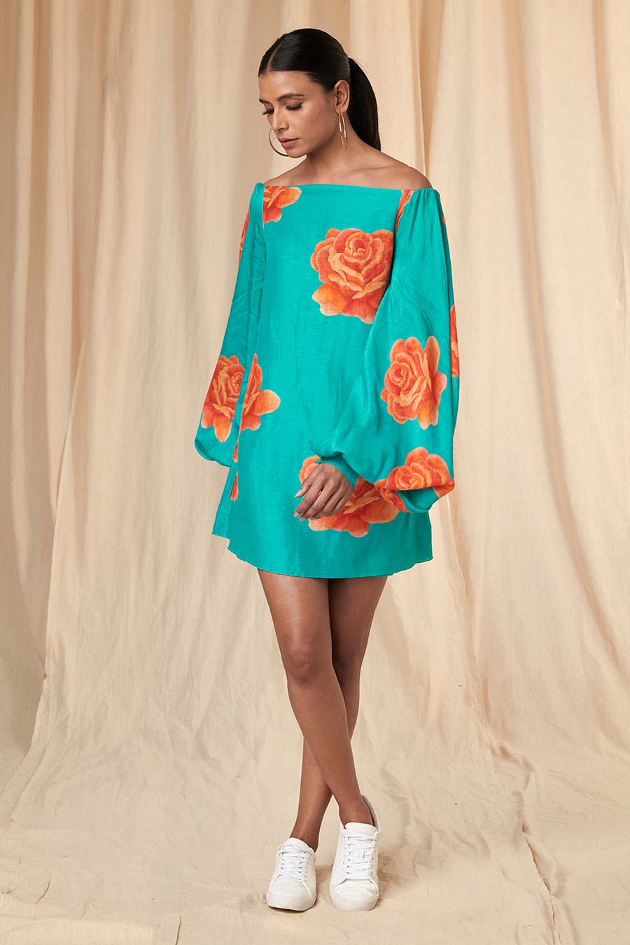 Teal Rosy Off-Shoulder Short Dress