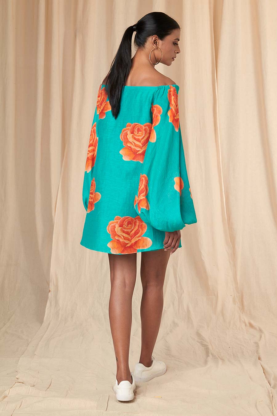 Teal Rosy Off-Shoulder Short Dress