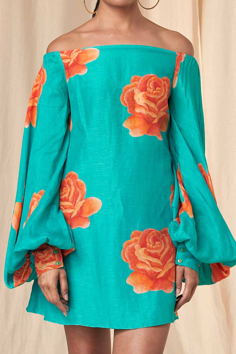 Teal Rosy Off-Shoulder Short Dress