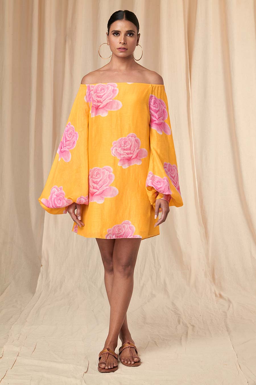 Yellow Rosy Off-Shoulder Short Dress